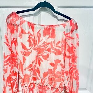 Harper 241 Spring Summer Palm Leaf Floral Top- White and Coral